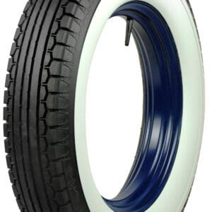A white and blue tire on a white background.