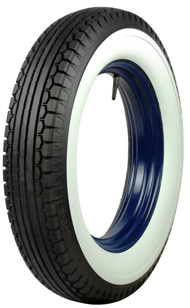 A white and blue tire on a white background.