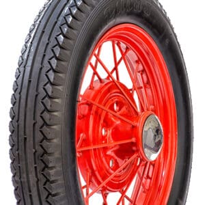 A red tire with black spokes on a white background, featuring the 475 by 500 19 LUCAS Olympic Tread Blackwall pattern.