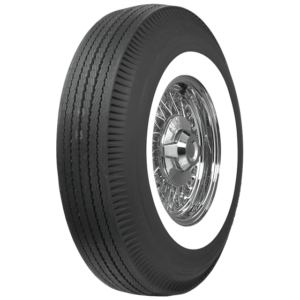 A black 950-14 BF Goodrich 2-1/2" WW car tire fitted with a shiny chrome wheel, isolated on a white background.