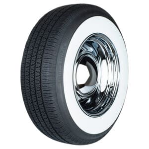 A new 195/75R15 White Paw Classic 2-3/4" WW car tire with white sidewall and shiny chrome rim, isolated on a white background.